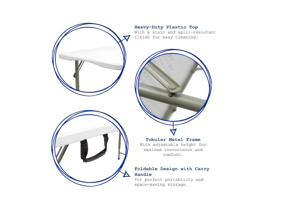 Heavy Duty Plastic Outdoor Foldable Trestle 120x60x75cm Table, Folds in Half with Carry Handle, White