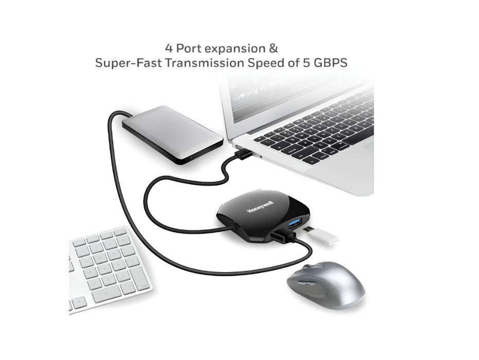 Honeywell Momentum 4-1 USB 3.0 Hub, 1.2M Cable, Max Current 900mA, Transmission Speed 5GBPS, Universally Compatible with all USB PC
