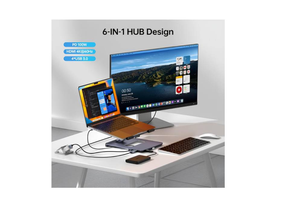 BENFEI Laptop Stand with USB C 6in1 Docking Station, HDMI 4K@60Hz, 4*USB3.0, 100W PD