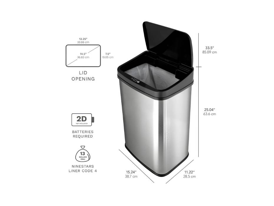 NINESTARS, DZT-50-28, 50 L Black Lid Automatic Touchless Motion Sensor Stainless Steel Trash and Garbage Bin with Highly Durable Black Lid Mechanism for Home, Kitchen and Office