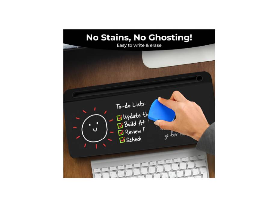 Chalkola Black Glass Desktop Whiteboard with Storage - Dry Erase Board, Work Desk Organizers, Computer Keyboard Stand, Home Office Desk Accessories with 3 Markers