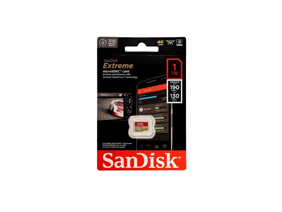 SanDisk 1TB Extreme microSD UHS, 190MB/s Read, 130MB/s Write SDSQXAV 1T00 GN6MN, Red/Gold