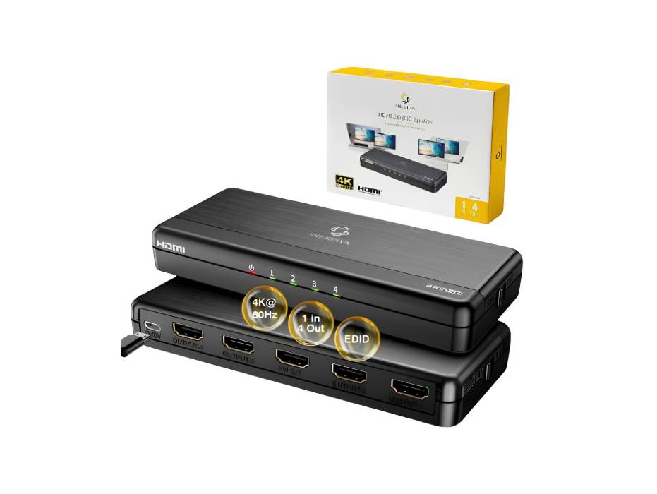 4K HDMI Splitter 1x4 – HDMI Splitter 1 in 4 Out, 4K@60Hz, 1080P@240Hz, Auto Downscaling, HDR, HDCP 2.3, 18 Gbps, EDID, Duplicate/Mirror Screens Only