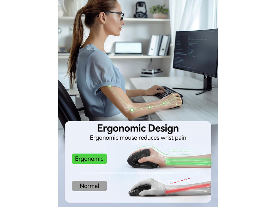 Tecknet Wireless Rechargeable Vertical Ergonomic Mouse, Right Hand, 4800 DPI 5 Adjustable Levels/ 2.4GHz with USB-A Receiver, Silent Click