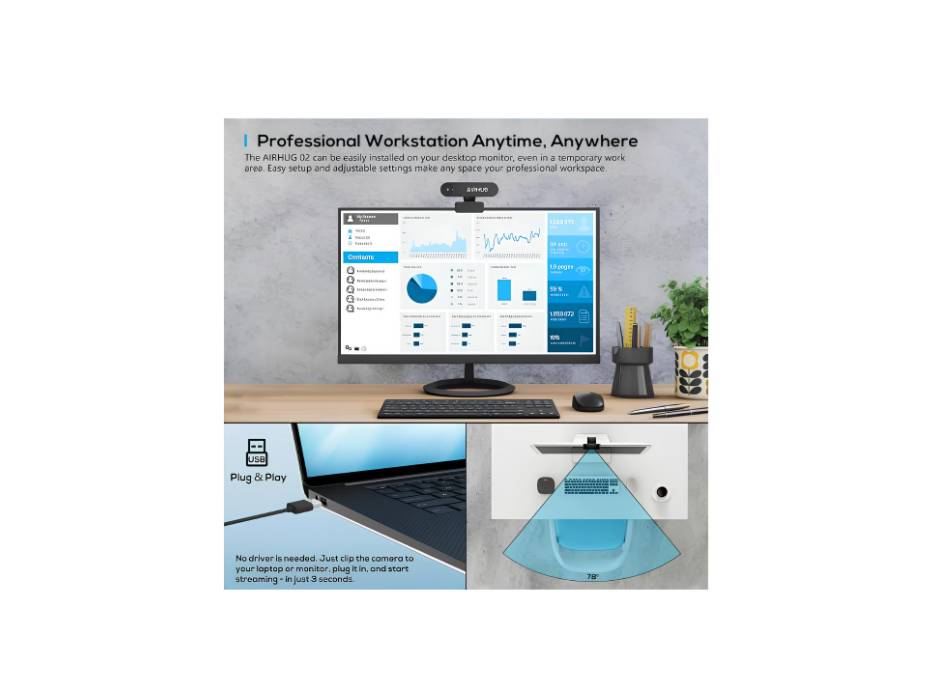 AIRHUG 2K Webcam No Mic with Privacy Cover, USB Web Cam for Computer and Laptop Plug & Play, Web Camera Without Audio, 78° Wide-Angle