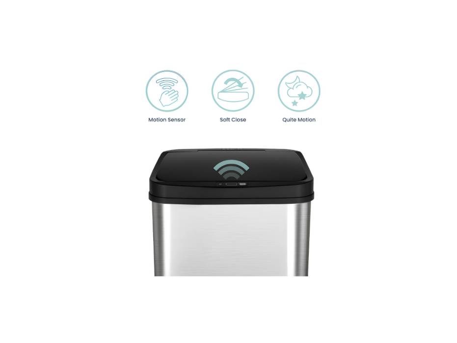 NINESTARS, DZT-50-28, 50 L Black Lid Automatic Touchless Motion Sensor Stainless Steel Trash and Garbage Bin with Highly Durable Black Lid Mechanism for Home, Kitchen and Office