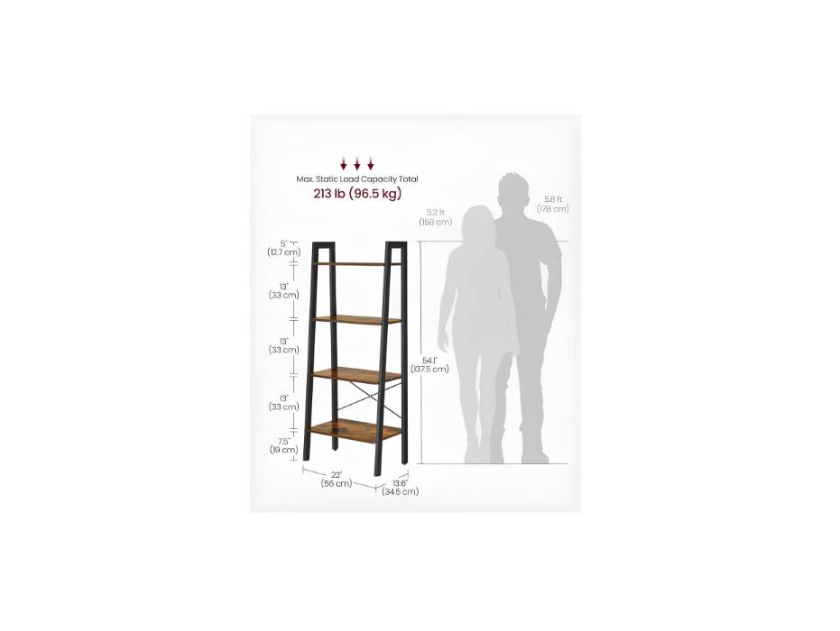 VASAGLE Industrial Ladder Shelf, 4 Tier Bookshelf, Storage Rack Shelves, Bathroom, Living Room, Wood Look Accent Furniture, Metal Frame