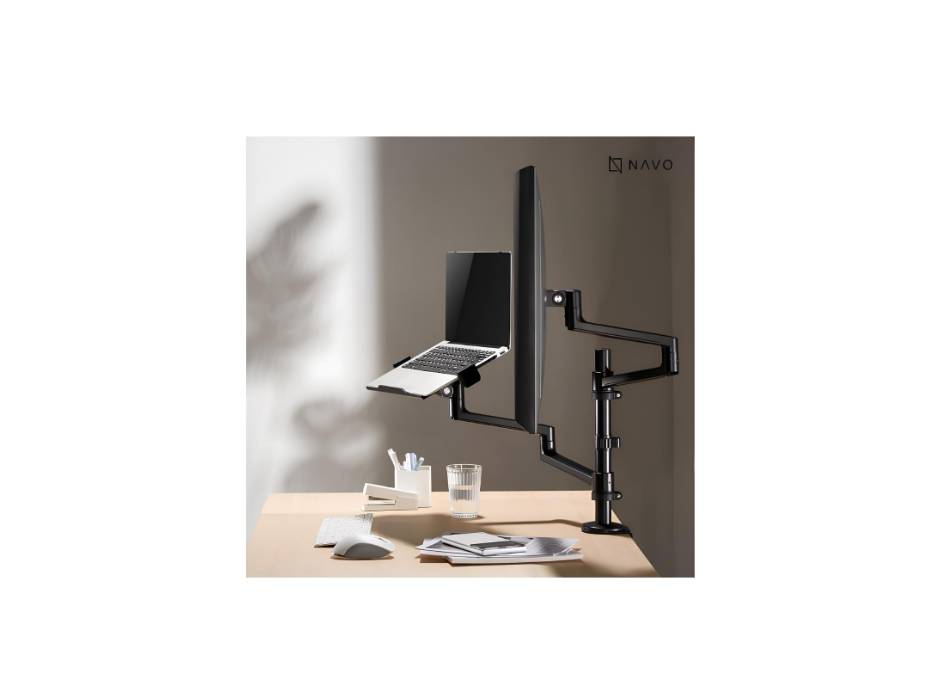 Navodesk Control Monitor Arm Model L with Laptop Tray - Dual Monitor Stand for 17" to 32" Screens & 11.6" to 17.3" Laptops - Ergonomic and Space-Saving Design, Black
