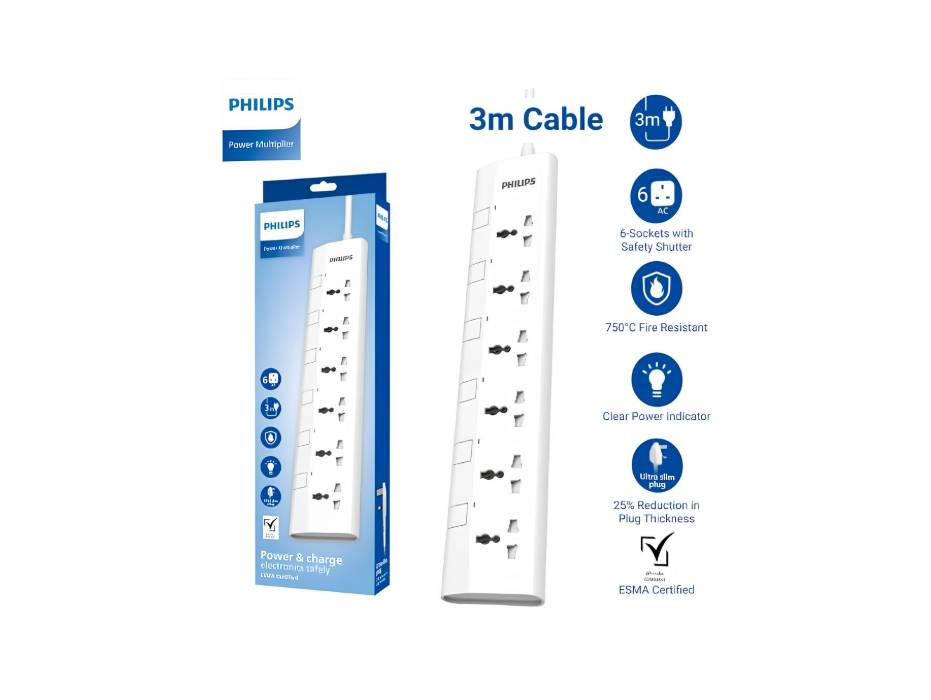 Philips 6-Way 3m Universal Power Extension Cord with Individual Switches