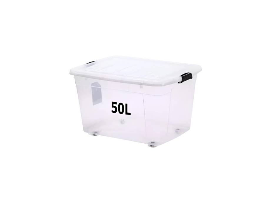 Plastic Storage Box With Wheels & Lockable Lid, Transparent, 50 Liters