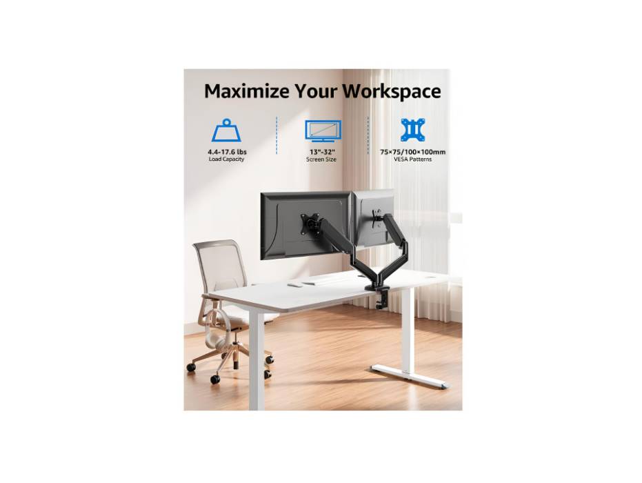 MOUNTUP Dual Monitor Stand for Desk, Adjustable Gas Spring Double Monitor Mount Holds 4.4-17.6 lbs and 13-32 Inch Screens, Monitor Arms for 2 Monitors, VESA 75x75 100x100 with C-clamp & Grommet, Black