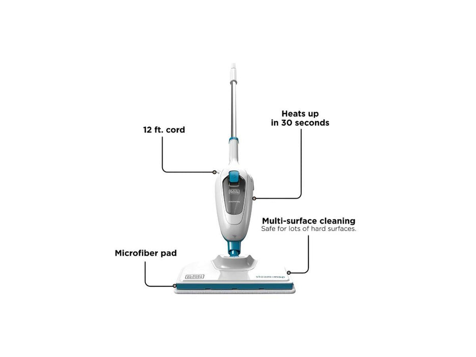 BLACK+DECKER Steam Mop, 1300W, Superheated Steam, 180° Swivel Steering, Microfiber Pad, 4m Cable, White/Blue
