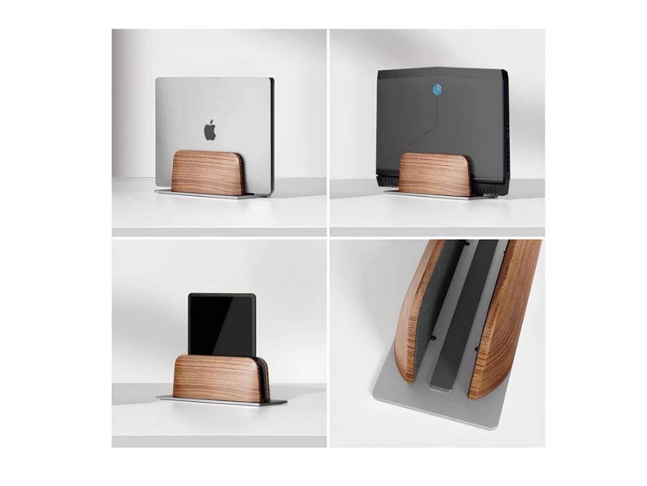 Vertical Laptop Stand for Desk, Black Walnut Wood and Aluminium Laptop Holder for All MacBook, Surface, Samsung, HP, Dell, Chrome Book