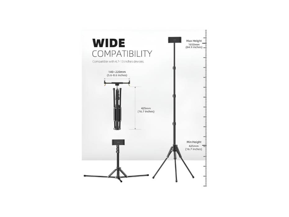 Lamicall Tablet Floor Tripod Stand - Tablet Holder Mount with Adjustable Height for Stream/Watching, for 4.7-13" Tablet and Cellphone