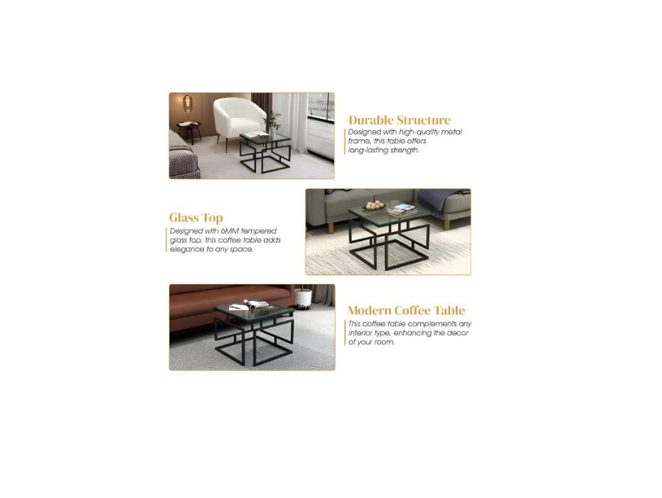 RIGID Vertex Coffee Table with Metal Frame and Glass Top for Living Room, Office | Modern Square Centre Table (60x60x45 cm)