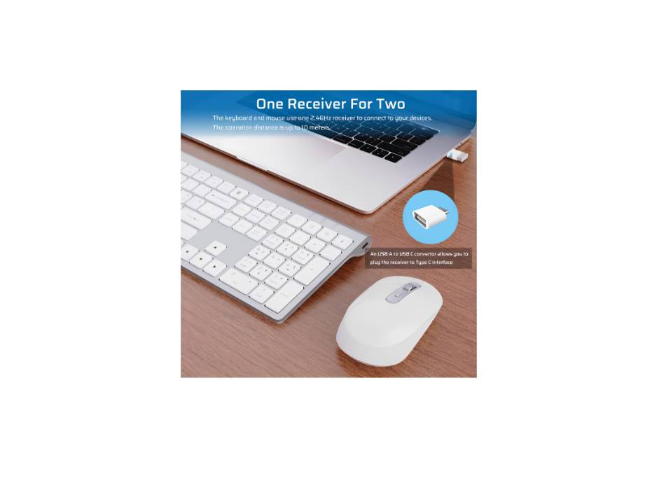 CREATMOR wireless keyboard and mouse, Full Size Rechargeable Wireless keyboard with Number Pad, White/ Silver