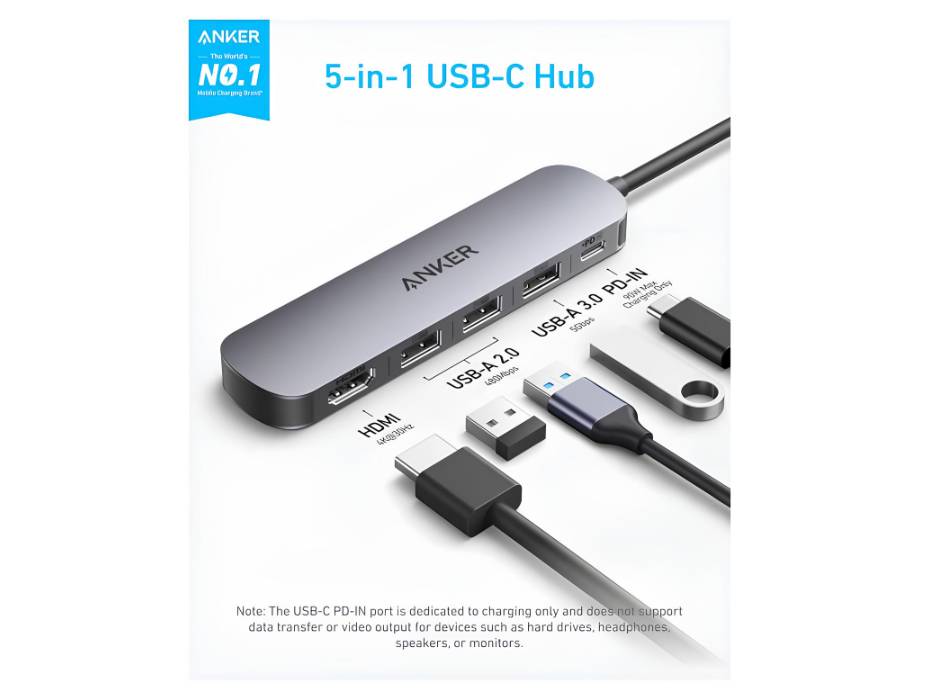Anker USB-C Hub (5-in-1), 4K@30Hz HDMI with 100W Max Power Delivery, USB-C and USB-A Data Ports, Compact and Stylish
