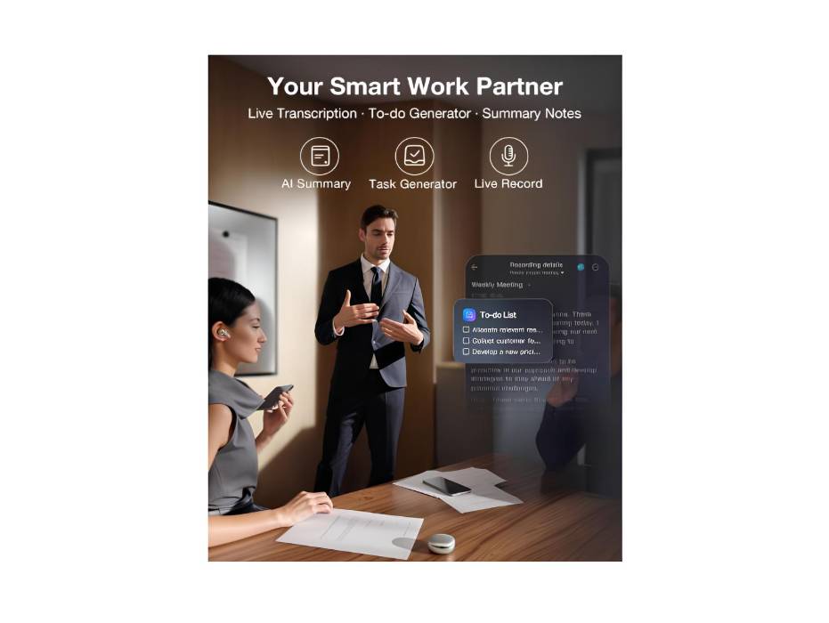 RecDot AI Voice Recorder Earbuds, viaim AI Meeting Assistant with Transcription, 17 Languages, FlashRecord, to-Do Lists & Summaries with viaim AI, 48dB ANC for Meetings, Interviews & Lectures, Sliver