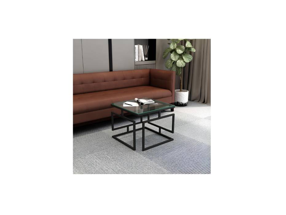 RIGID Vertex Coffee Table with Metal Frame and Glass Top for Living Room, Office | Modern Square Centre Table (60x60x45 cm)