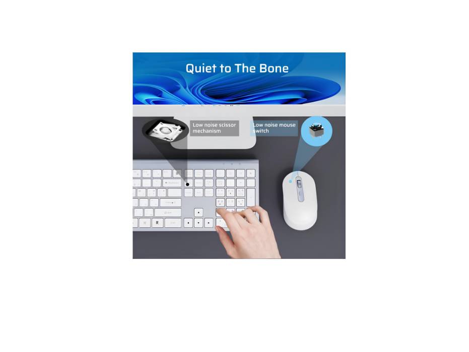 CREATMOR wireless keyboard and mouse, Full Size Rechargeable Wireless keyboard with Number Pad, White/ Silver