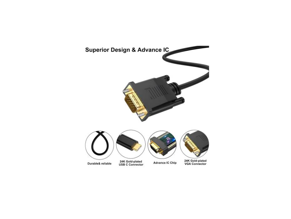 USB Type-C to VGA Male Cable Adapter (Thunderbolt 3) - 2 Meter
