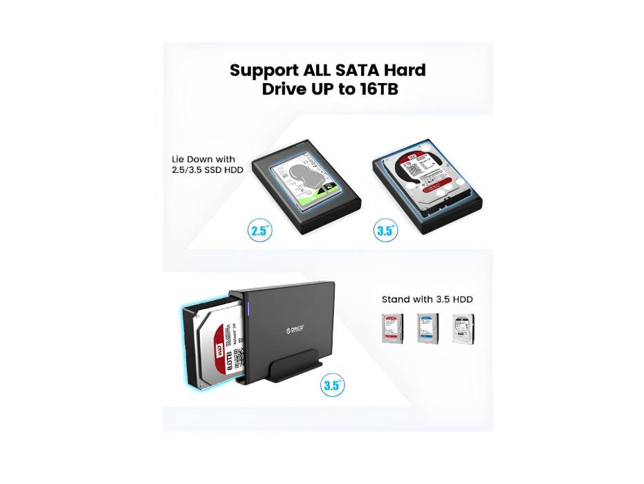 ORICO 3.5 External Hard Drive Enclosure USB3.0 Aluminum SATA HDD/SSD Hard Disk Case, for 2.5/3.5inch Hard Drive, Up to 16TB