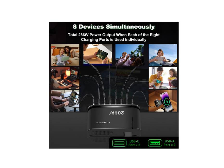 PINREK 286W USB C Charger Station - 8-Port GaN Fast Charging Hub with 100W Type C PD