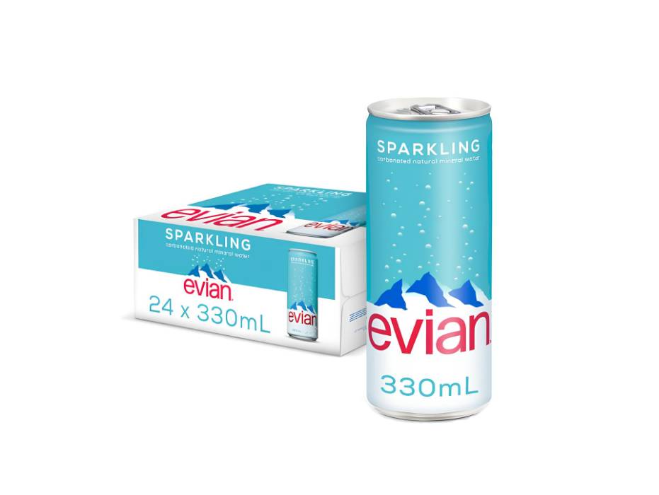 Evian Sparkling Water Cans, 330ml, Case of 24