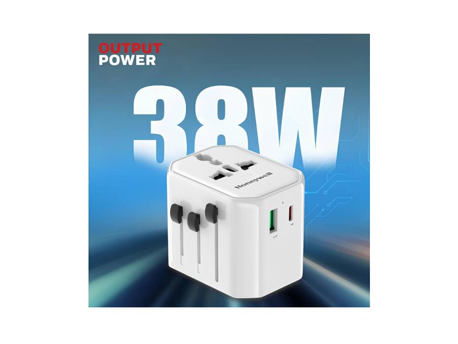 Honeywell Universal Travel Adapter 38W, 3-in-1 Fast Charging, Universal Socket, Type C, USBA, Worldwide Wall Charger