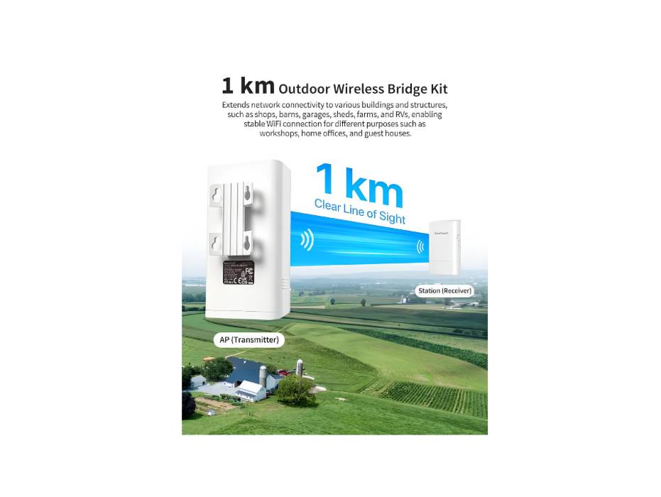 BrosTrend 5GHz 867Mbps Wireless Bridge, 1KM WiFi Bridge, Long Range Point to Point Outdoor CPE for PtP & PtMP, IP65, Plug and Play