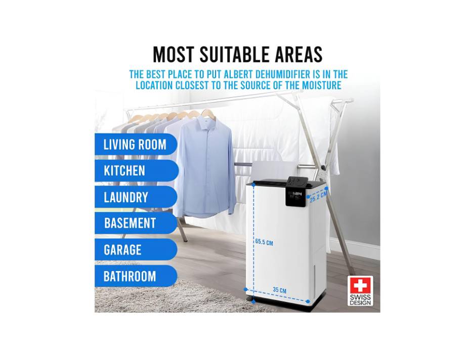 Stadler Form Albert Swiss Design Dehumidifier 20L per Day Silent Operation Mold Prevention Home Office up to 70m² 5 Liter Water Tank Continuous Drainage