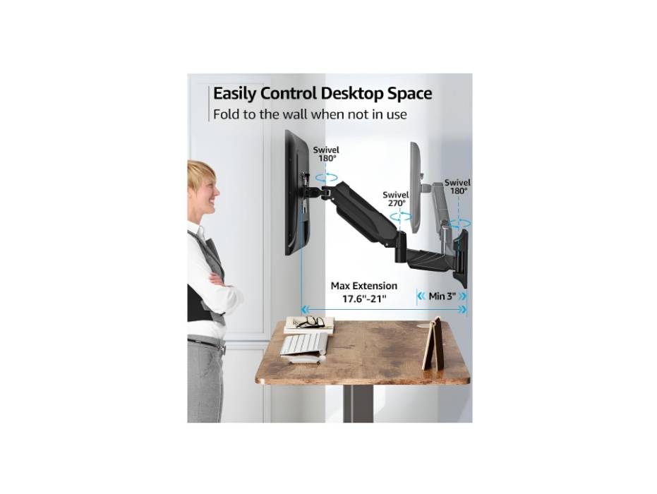 MOUNTUP Monitor Wall Mount for 17-32 Inch Computer Screen, Wall Mounted Arm Support 4.4-17.6lbs Display, Gas Spring Monitor Arm, Black