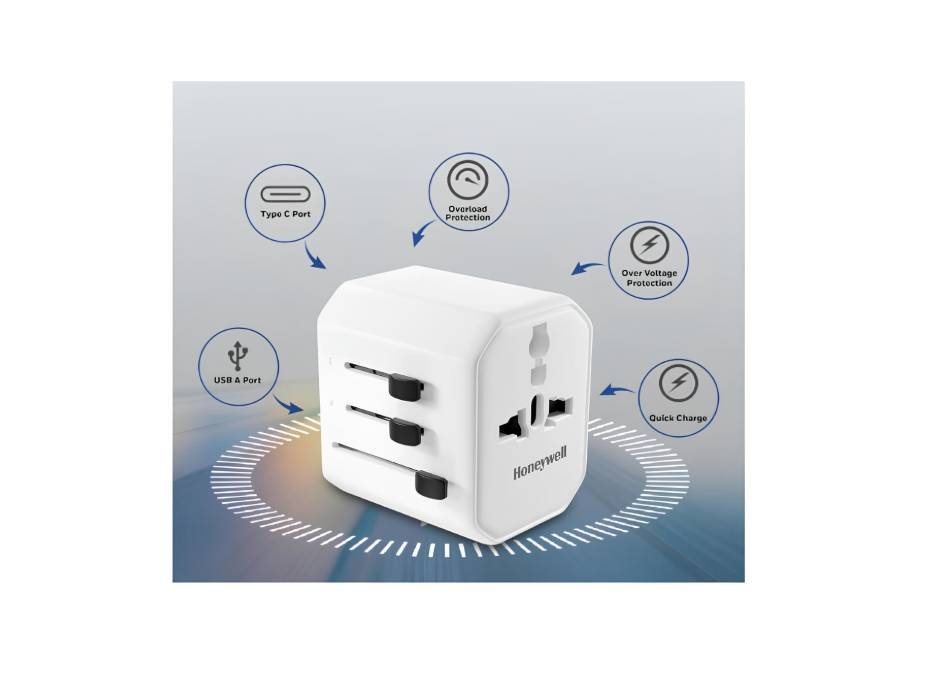 Honeywell Universal Travel Adapter 38W, 3-in-1 Fast Charging, Universal Socket, Type C, USBA, Worldwide Wall Charger