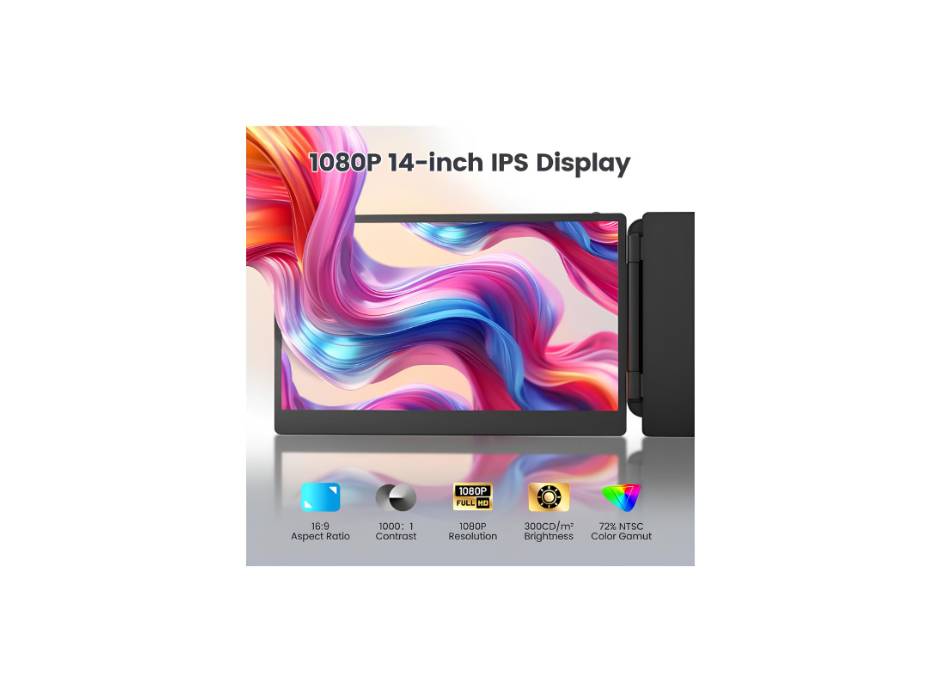 Teamgee 14" Full HD Portable Monitor for Laptop With Dual Speakers & Flexible Kickstand, Plug-Play Screen Extender Fits 13"-17" Laptops