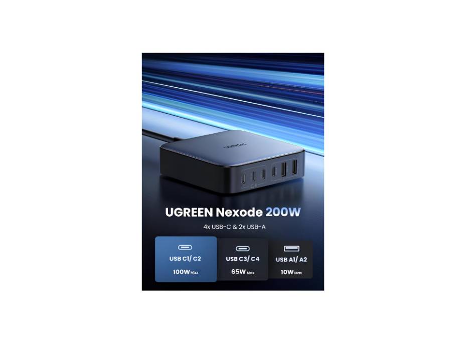 UGREEN Nexode Set 200W Fast USB C Charger 2M UK Plug Cord Station Multi-Function 6 in 1 GaN Charge Power Adapter Wall Plug with 1M 100W Cable