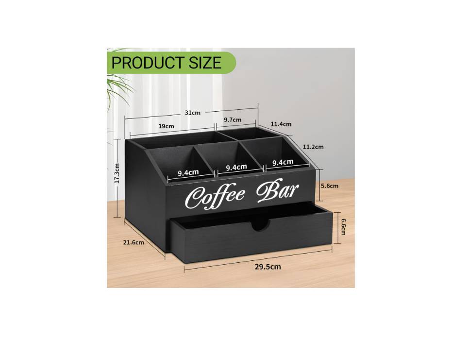 Countertop Wooden Coffee Bar Accessories with Drawer & 5 Compartments Station Organizer