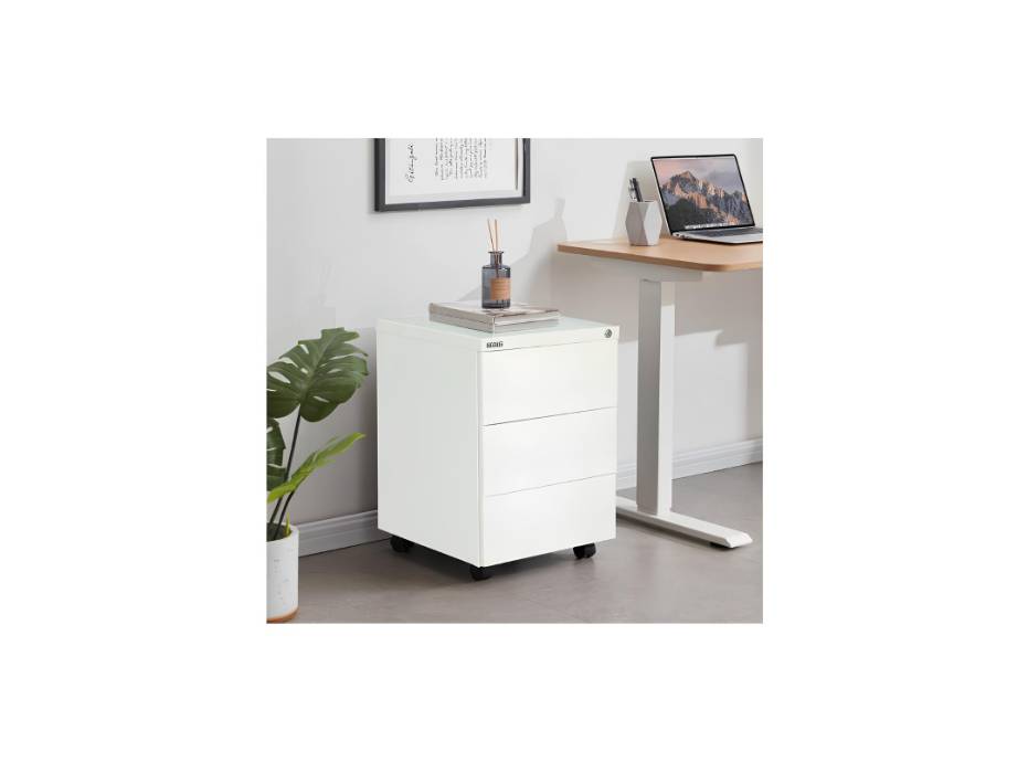 RIGID Steel Mobile Pedestal | 3 Drawer Under Desk Storage Unit with Lock | Modern Office Filing Cabinet with Wheels for Home, Office, Workstation Furniture, White