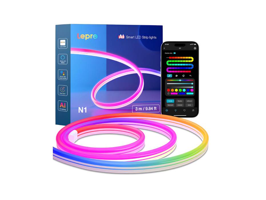 Lepro N1 AI Smart Rainbow Neon Light Strip 3M, 96 LEDs/M, Work with Alexa, Google Home, Music Sync, AI Lighting Design Assistant