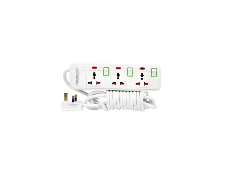 Terminator 3 Way Universal Power Extension Socket With Green Border Switches & Indicators 3M 13A - TPB 413N-3M