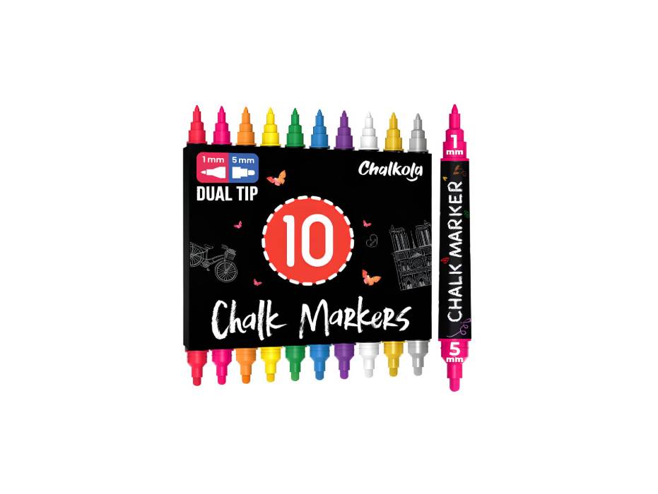 Chalkola Dual Tip Liquid Chalk Markers for Blackboard, 10 Pack, 1mm+5mm Fine, Bold Tip