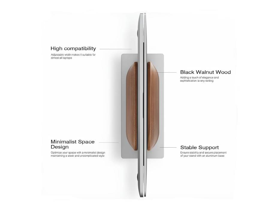 Vertical Laptop Stand for Desk, Black Walnut Wood and Aluminium Laptop Holder for All MacBook, Surface, Samsung, HP, Dell, Chrome Book