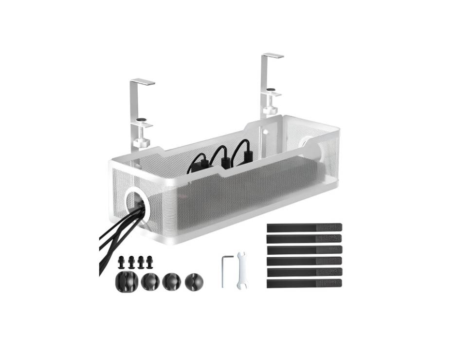 Cinati Under Desk Cable Management Tray, Cable Management Under Desk No Drill, with Clamp for Desk Wire Management, White
