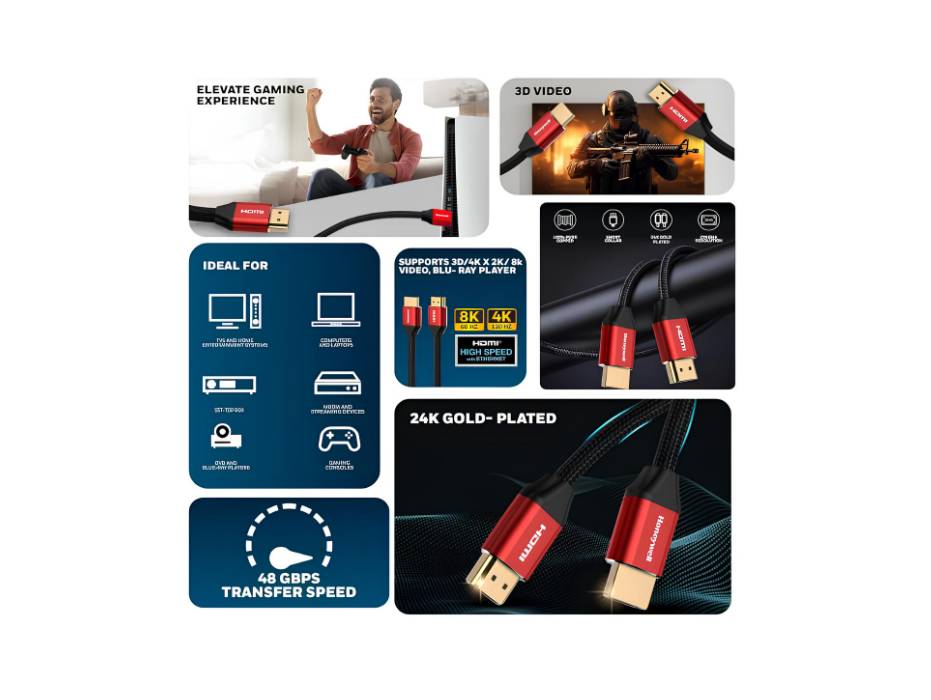 Honeywell HDMI Cable 2.1 with Ethernet, 8k@60Hz UHD Resolution, 3 Mtr, 48 GBPS Transmission Ultra High Speed, Dolby DTS, 3D, Male-to-Male