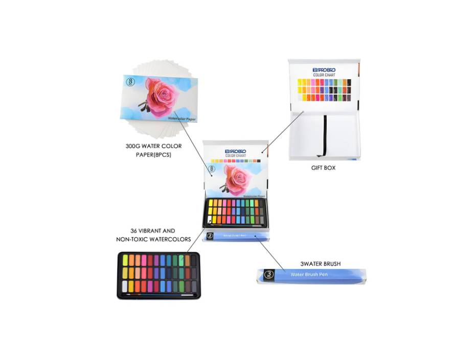 THE PRO BRO Watercolor Paint Set, 36 Premium Colors in Gift Box with Bonus Watercolor Paper Pad and Water Brushes