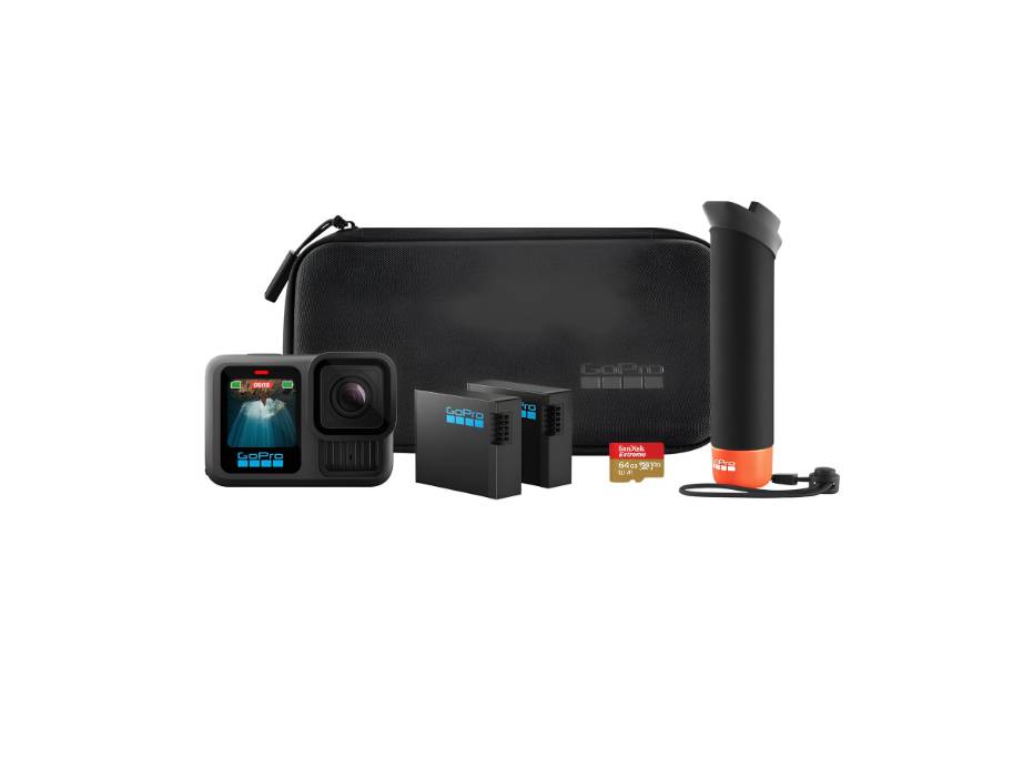 GoPro HERO13 Black Accessory Bundle - Includes The Handler (Floating Hand Grip), 2 Enduro Batteries, 2 Curved Adhesive Mounts, 64GB SanDisk MicroSD Card and Carrying Case