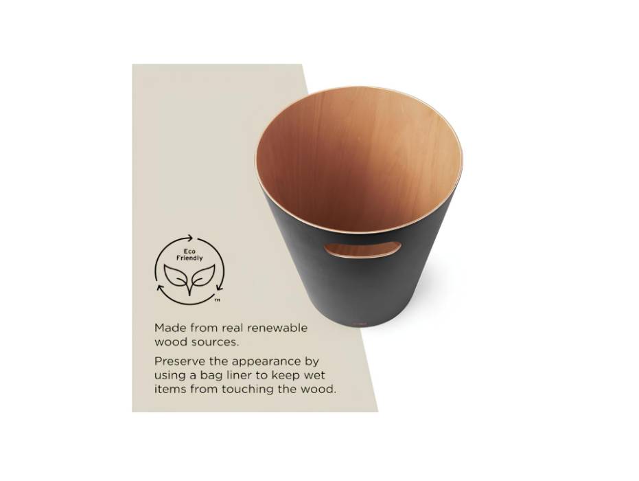 Umbra Woodrow, 2 Gallon Modern Wooden Trash Can Wastebasket for Home and Office, Black