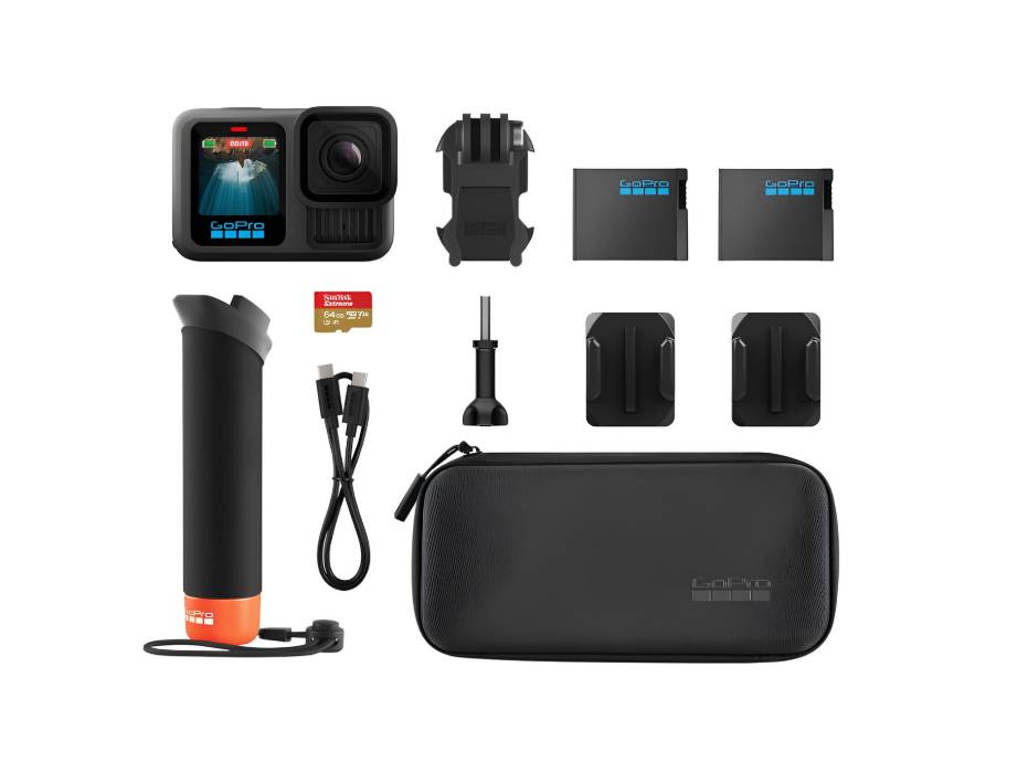 GoPro HERO13 Black Accessory Bundle - Includes The Handler (Floating Hand Grip), 2 Enduro Batteries, 2 Curved Adhesive Mounts, 64GB SanDisk MicroSD Card and Carrying Case