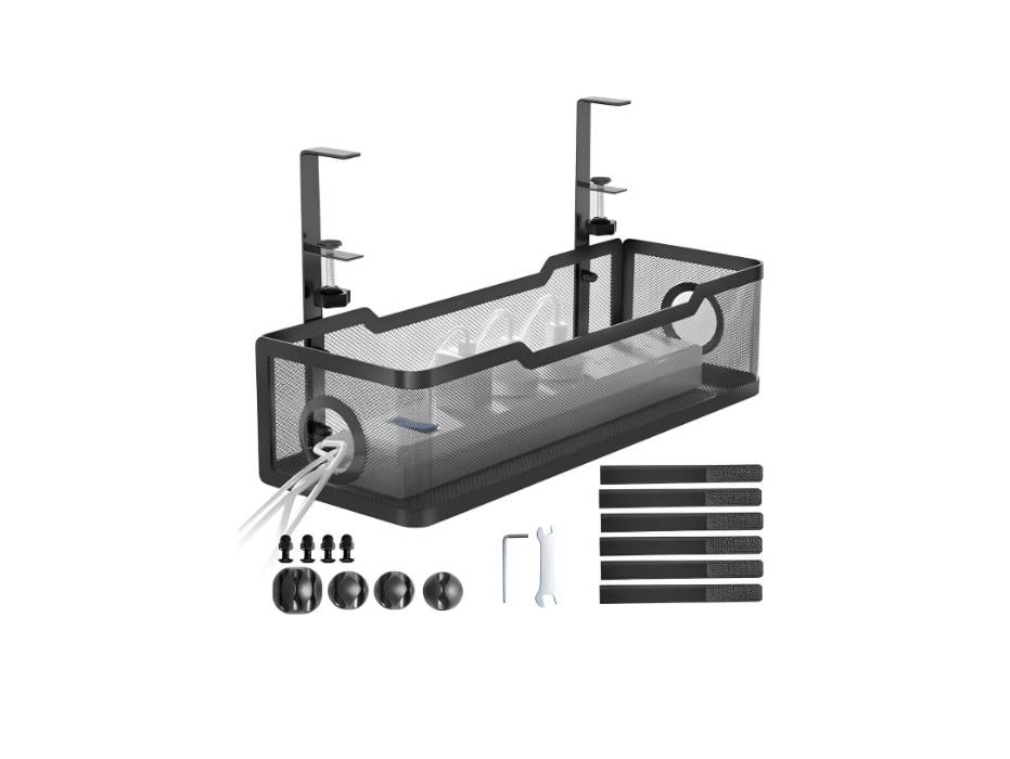 Cinati Under Desk Cable Management Tray, Cable Management Under Desk No Drill, with Clamp for Desk Wire Management, Black