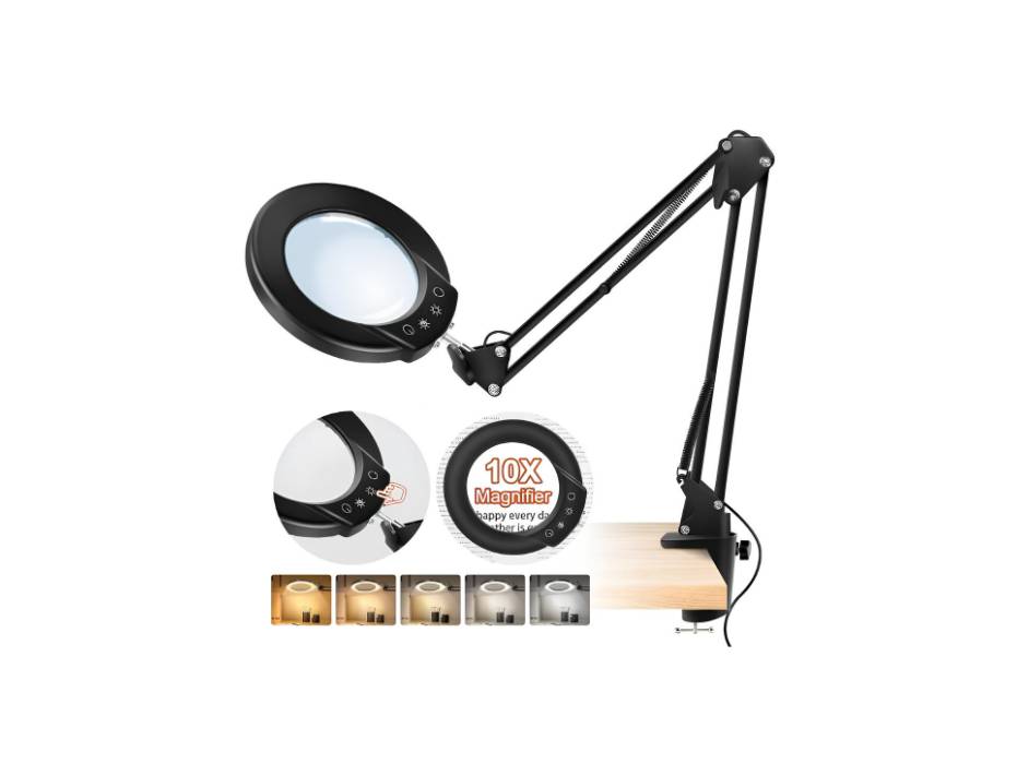 Tobeape Metal Swing Arm LED Desk Lamp,10X Magnifying Glass with Light & Clamp