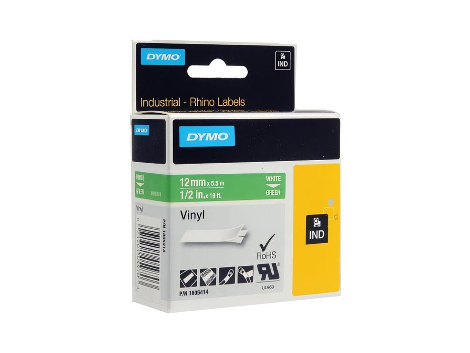 Dymo Rhino 1805414 Vinyl 12mm White on Green Tape
